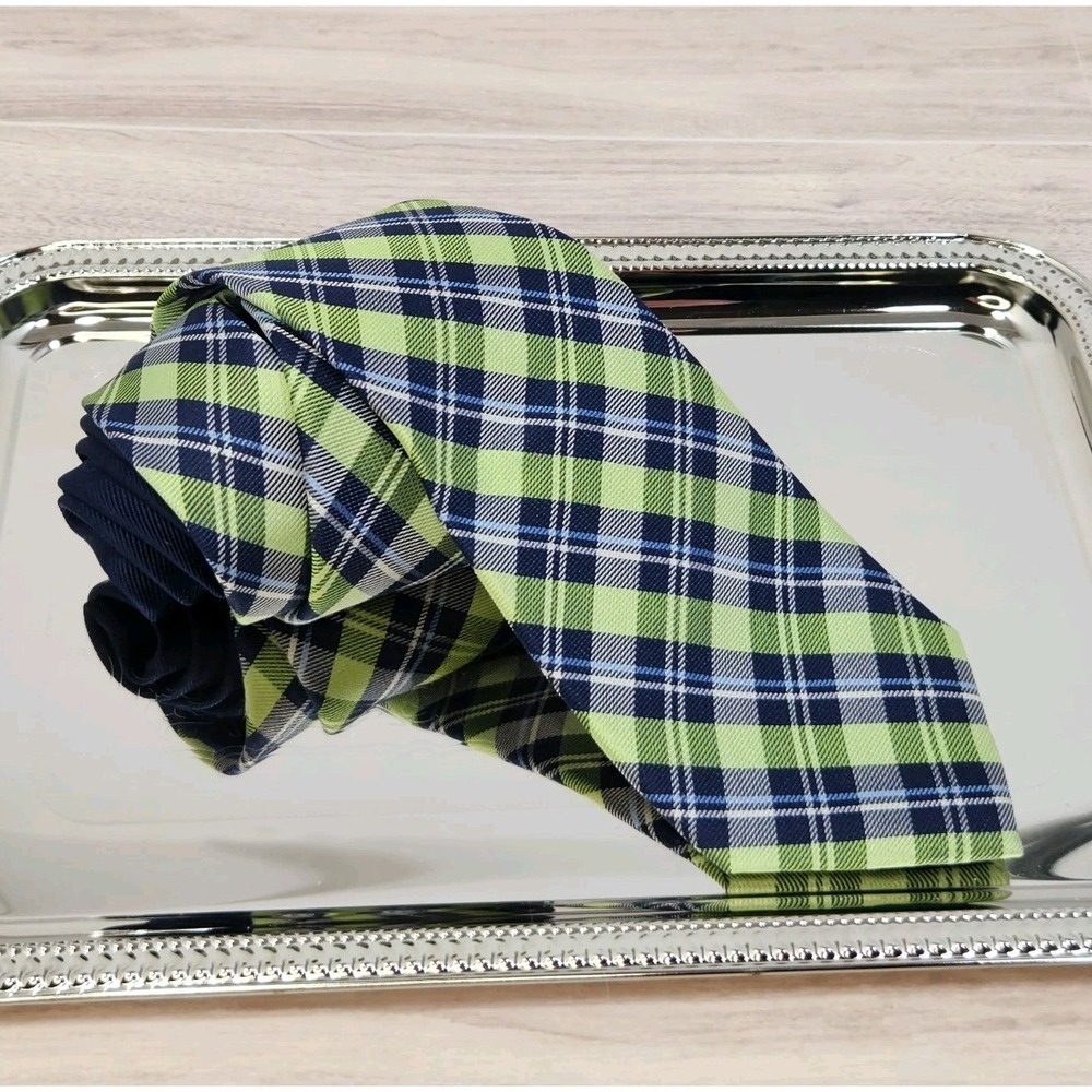 TOMMY HILFIGER Mens Green Navy Blue CHECK Woven 100% Silk Tie 54"X3¼"